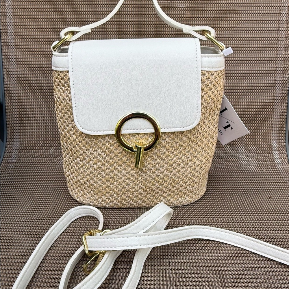 Lower Price! Tan and White Crossbody Bag with Gold Ring Accent